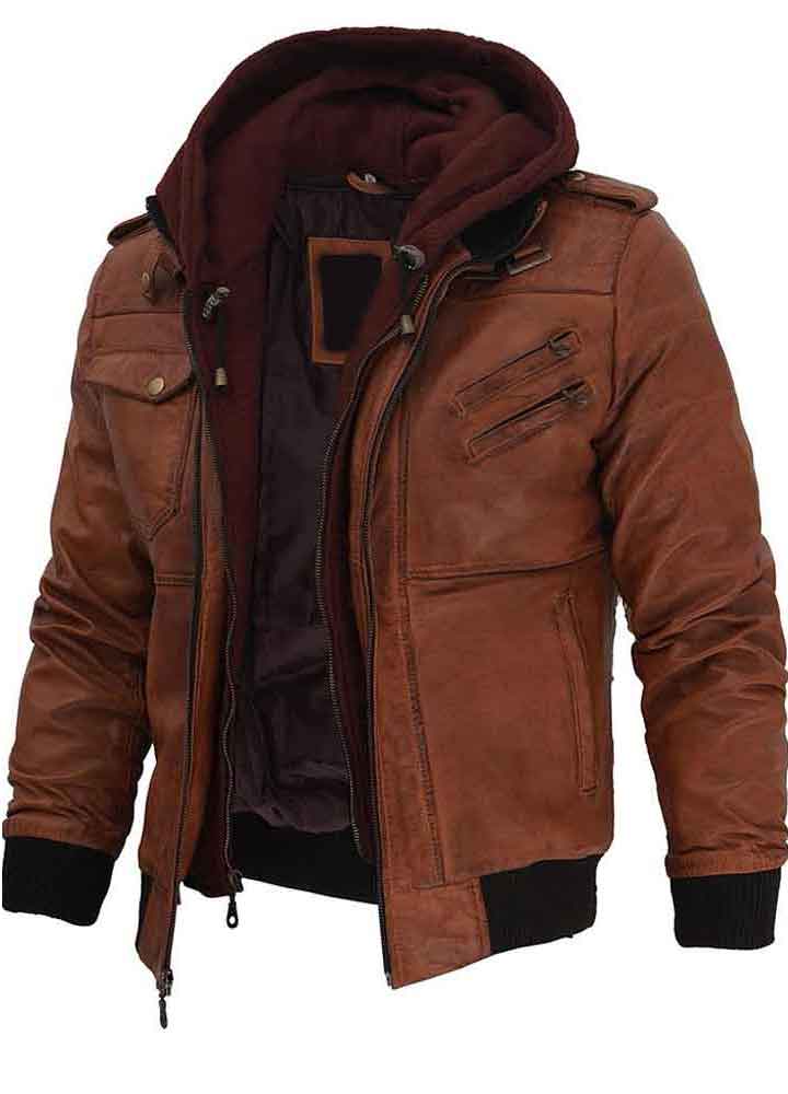 EDINBURGH MEN'S BROWN BOMBER LEATHER WITH REMOVABLE HOOD JACKET